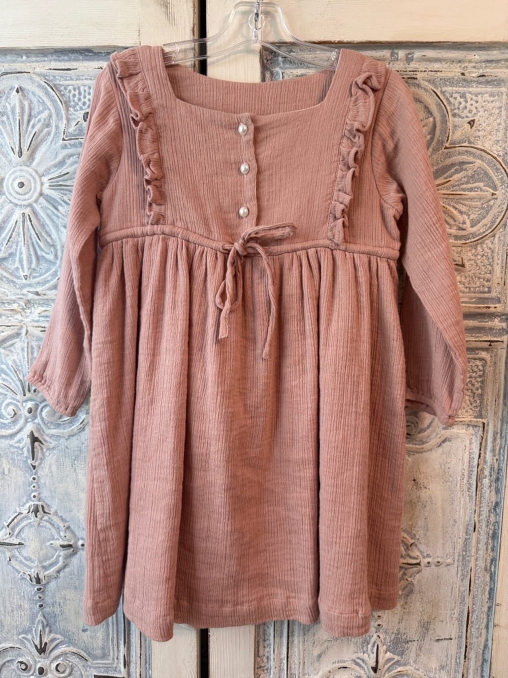Girls' Rose Dusty-Pink Long Sleeve Ruffle Front Dress